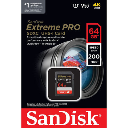 SanDisk Memory Card Extreme Pro SDHC/SDXC SD Card 64GB 200MB/s