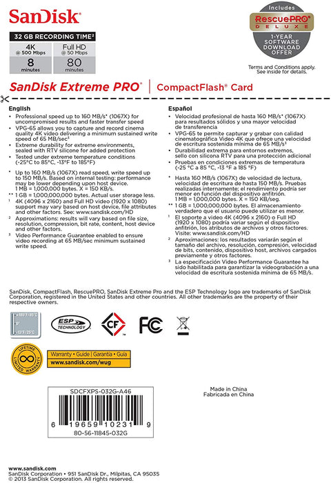 SanDisk Extreme PRO 32GB CompactFlash Memory Card UDMA 7 Speed Up To 160MB/s- SDCFXPS-032G-X46 Capacity:32Gb