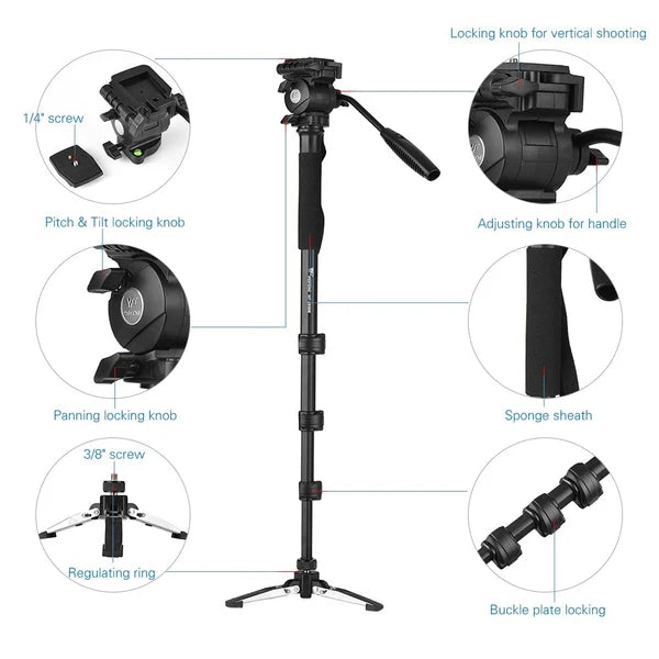 Weifeng WF-3958M Professional Portable Aluminum Alloy Camera Monopod with Fluid Pan Head
